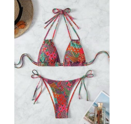 Costum de baie dama, 2 piese, snur reglabil, model boho, multicolor, marime L