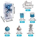 Set 32 ornamente de Craciun, globuri 3 cm, tobe, cadouri, stelute si figurine, plastic, albastru si argintiu - imagine 2