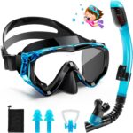 Set Snorkeling pentru copii, masca anti-aburire, vedere panoramica 180°, anti-infiltratii, albastru si negru
