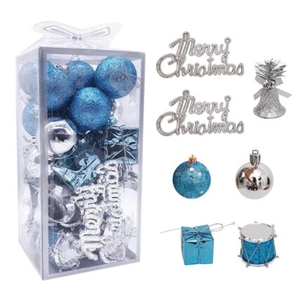 Set 32 ornamente de Craciun, globuri 3 cm, tobe, cadouri, stelute si figurine, plastic, albastru si argintiu