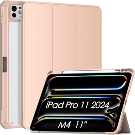 Husa pentru iPad Pro 11'' M4 2024, Suport pentru Creion, Coperta Smart Slim, Usoara, Piele PU, Functie Sleep/Wake, Roz