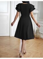 Rochie eleganta dama, midi, cu decolteu in V, maneca scurta, talie inalta, croi A-line, marimea L, negru - imagine 6
