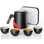 Set de ceai, ceramica, 4 cesti, infuzor, capac, husa transport, portabil, ergonomic, negru