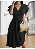 Rochie eleganta dama, midi, cu decolteu in V, maneca scurta, talie inalta, croi A-line, marimea L, negru - imagine 4