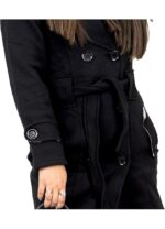Palton dama, marimea M, 38 EU, poliester si bumbac, cu gluga, maneca lunga, curea si nasturi, negru - imagine 3