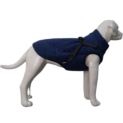 Jacheta impermeabila pentru caini, interior din fleece, marime XS, moale, cu ham integrat, reflectorizant, bleumarin