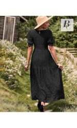 Rochie lunga, eleganta, maneci scurte, decolteu rotund, croiala in A, marimea M, negru - imagine 2