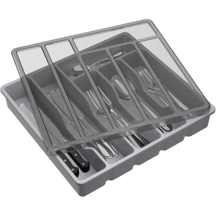 Organizator Tacamuri, 32 x 30 x 5.4 cm, 6 Compartimente, Capac, Plastic, Gri