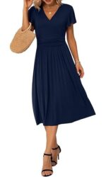Rochie eleganta dama, midi, cu decolteu in V, maneca scurta, talie inalta, croi A-line, marimea S, albastru inchis - imagine 4