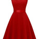 Rochie cocktail dama, marimea 2XL, dantela florala, A-line, rosu