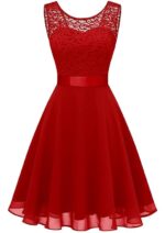 Rochie cocktail dama, marimea 2XL, dantela florala, A-line, rosu