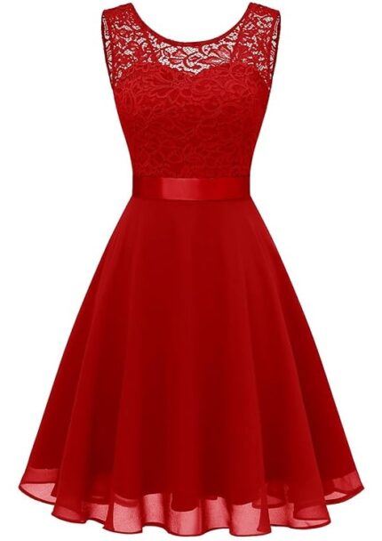 Rochie cocktail dama, marimea 2XL, dantela florala, A-line, rosu