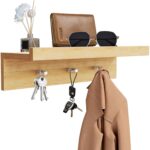 Suport chei de perete cu raft som, 35.5 x 12 x 8 cm, bambus, 3 carlige inox, montaj cu suruburi, multifunctional, natur