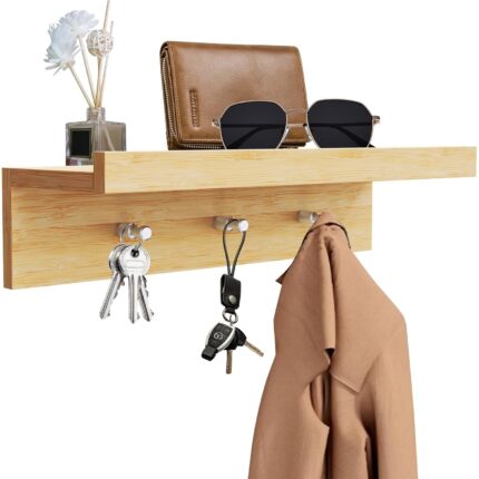 Suport chei de perete cu raft som, 35.5 x 12 x 8 cm, bambus, 3 carlige inox, montaj cu suruburi, multifunctional, natur