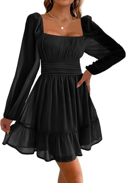 Rochie dama Imily Bela, mini, negru, marimea S, poliamida, decolteu patrat, maneci lungi