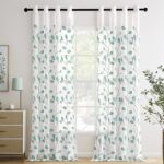Set de 2 perdele, 140 x 260 cm, voal transparent, cu inele, model cu frunze, alb si turcoaz
