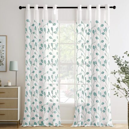 Set de 2 perdele, 140 x 260 cm, voal transparent, cu inele, model cu frunze, alb si turcoaz