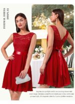 Rochie cocktail dama, marimea 2XL, dantela florala, A-line, rosu - imagine 4
