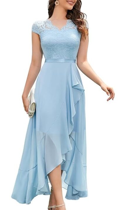Rochie eleganta, marimea L, Nylon, dantela si chiffon, V-neck, albastru deschis