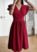 Rochie eleganta dama, midi, cu decolteu in V, maneca scurta, talie inalta, croi A-line, marimea S, rosu - imagine 4