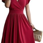 Rochie eleganta dama, midi, cu decolteu in V, maneca scurta, talie inalta, croi A-line, marimea S, rosu