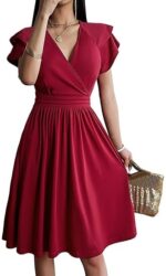 Rochie eleganta dama, midi, cu decolteu in V, maneca scurta, talie inalta, croi A-line, marimea S, rosu