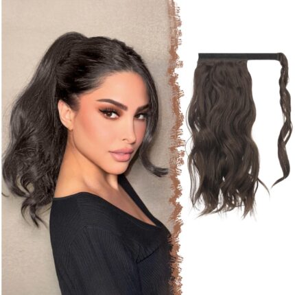 Extensie coada, par sintetic ondulat, 35 cm, rezistent la caldura, prindere wrap around cu pieptene, castaniu inchis