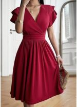 Rochie eleganta dama, midi, cu decolteu in V, maneca scurta, talie inalta, croi A-line, marimea S, rosu - imagine 5