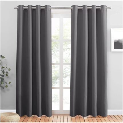 Set de 2 Draperii, cu Inele, Poliester, Opace, 140 x 250 cm, Gri