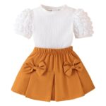 Compleu, 6-12 luni, bumbac, cu bluzita, fustita, casual, maneca scurta, alb maro