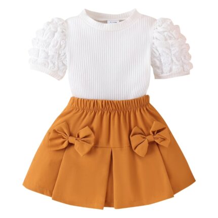 Compleu, 6-12 luni, bumbac, cu bluzita, fustita, casual, maneca scurta, alb maro