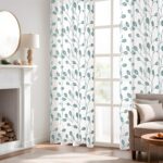 Set de 2 perdele, 140 x 260 cm, voal transparent, cu inele, model cu frunze, alb si turcoaz - imagine 3