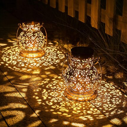 Set 2 felinare solare, metalice, IP65 impermeabile, design retro, LED lumina calda, maner pentru agatare