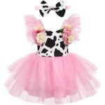 Rochita cu bentita, 3-6 luni, stil printesa, model vacuta/fluturi, roz