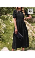 Rochie lunga, eleganta, maneci scurte, decolteu rotund, croiala in A, marimea M, negru - imagine 4