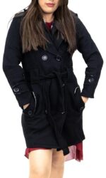 Palton dama, marimea M, 38 EU, poliester si bumbac, cu gluga, maneca lunga, curea si nasturi, negru