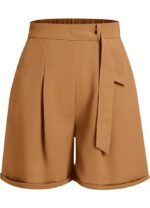 Pantaloni scurti dama, kaki, marimea S, talie inalta, wide leg