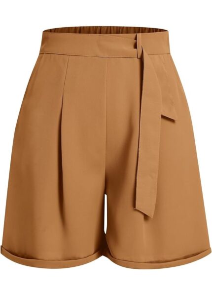 Pantaloni scurti dama, kaki, marimea S, talie inalta, wide leg