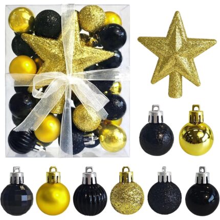Set de 30 globuri de Craciun, agatatoare, 3 cm, potriviti pentru brazi de 30-120 cm, negre si aurii