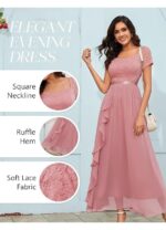 Rochie Lunga, Eleganta, Volane din Sifon, Croiala in A, Decolteu Patrat, marimea S, Roz - imagine 5
