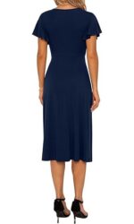 Rochie eleganta dama, midi, cu decolteu in V, maneca scurta, talie inalta, croi A-line, marimea S, albastru inchis - imagine 5