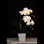 Orhidee artificiala, 9 LED-uri, 54 cm, lumina calda, alimentare pe baterii, alb