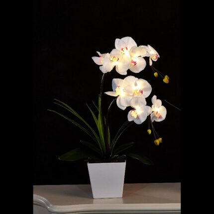 Orhidee artificiala, 9 LED-uri, 54 cm, lumina calda, alimentare pe baterii, alb