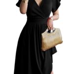 Rochie eleganta dama, midi, cu decolteu in V, maneca scurta, talie inalta, croi A-line, marimea S, negru
