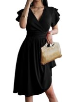 Rochie eleganta dama, midi, cu decolteu in V, maneca scurta, talie inalta, croi A-line, marimea L, negru