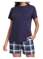 Set pijama dama, marimea M, tricou si pantaloni scurti, albastru inchis