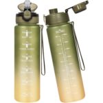 Sticla apa, 1L, Tritan, cu pai, 2 capace, curea transport, verde masliniu