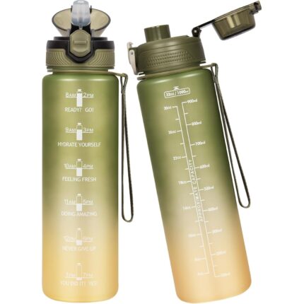 Sticla apa, 1L, Tritan, cu pai, 2 capace, curea transport, verde masliniu