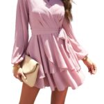 Rochie dama, poliester, roz, marimea S, cu cordon, decolteu in V