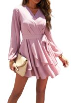 Rochie dama, poliester, roz, marimea S, cu cordon, decolteu in V
